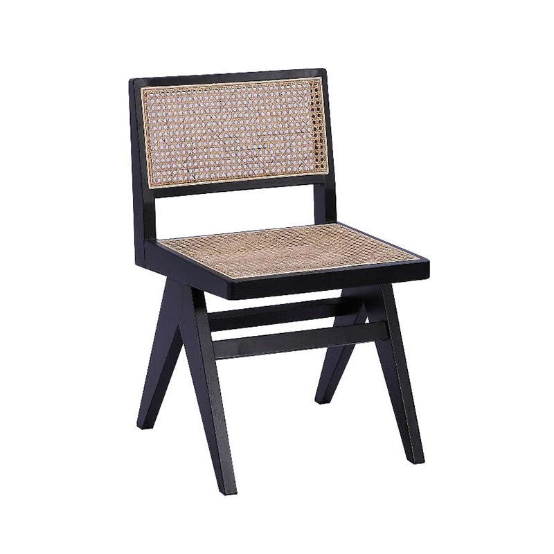 Chaise en bois avec pieds en ciseaux et rotin tressé